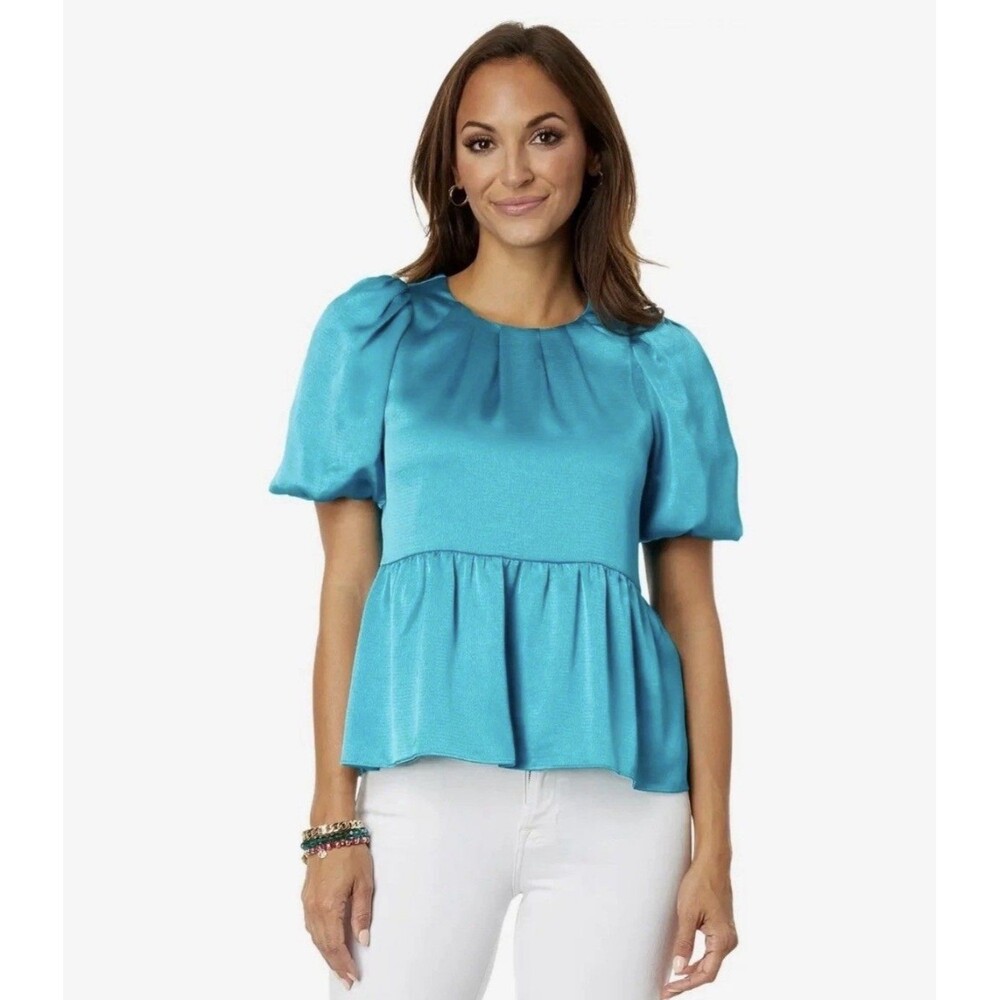Lilly Pulitzer Blakelynn Elbow Sleeve Peplum Top Blue Rhapsody Size 6 NWT